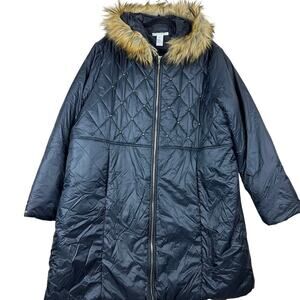 K. Jordan Women’s Puffer Coat 3X Studded Faux Fur Hood Gold Zip Y2K Lightweight